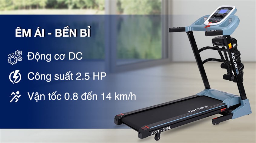 Máy chạy bộ Aguri AGT-120L với động cơ DC công suất 2.5 HP, thích hợp sử dụng cho căn hộ có diện tích trung bình Máy chạy bộ Aguri AGT-120L với động cơ DC công suất 2.5 HP, thích hợp sử dụng cho căn hộ có diện tích trung bình