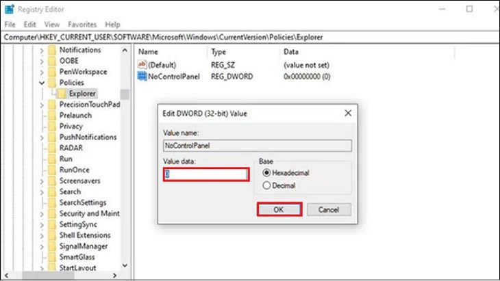 Nhấn đúp chuột vào NoControlPanel > Đổi Value Data thành 0