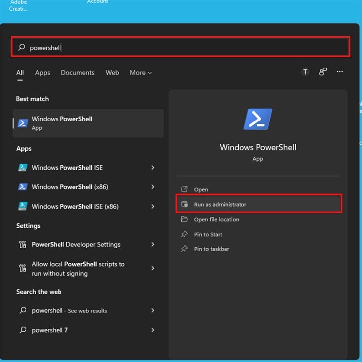 Mở ô tìm kiếm Windows Search, nhập từ khóa PowerShell