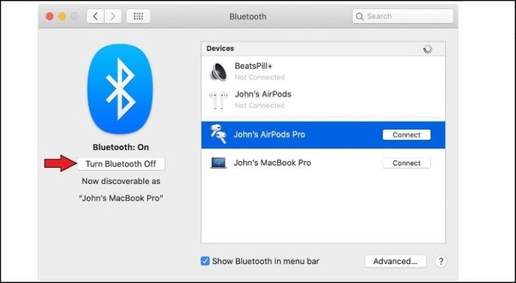 Chọn chế độ Turn Bluetooth on để bật Bluetooth