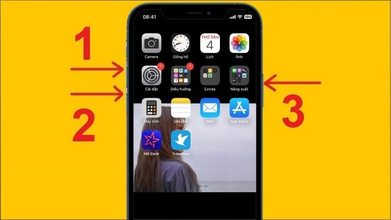 Nhấn thả nút Tăng và nút Giảm âm lượng > Giữ nút Nguồn cho đến khi màn hình iPhone tắt hẳn Nhấn thả nút Tăng và nút Giảm âm lượng > Giữ nút Nguồn cho đến khi màn hình iPhone tắt hẳn