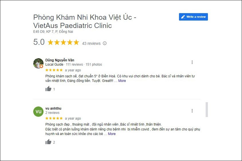 Đánh giá của phụ huynh về Phòng khám nhi khoa Việt Úc