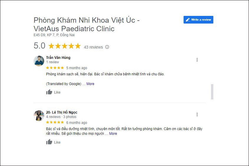 Phòng khám nhi khoa Việt Úc nhận được nhiều đánh giá tích cực