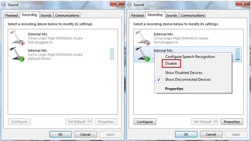 Để tắt chức năng thu âm thì các bạn chỉ cần bấm chuột phải vào mỗi thiết bị rồi chọn Disable
