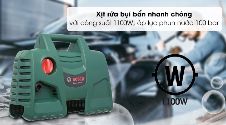 Máy phun xịt rửa áp lực cao Bosch Easy AQT 100 LL 1100W có áp lực phun tối đa là 100 bar