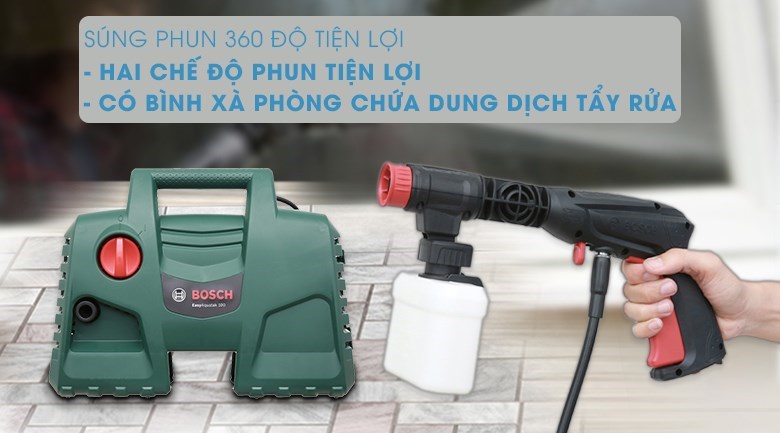 Máy phun xịt rửa áp lực cao Bosch Easy AQT 100 1200W có bình xà phòng hỗ trợ bạn dễ dàng xịt rửa vỏ ngoài điều hòa