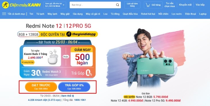 Nhấn chọn “Đặt trước” hoặc “Trả chậm 0% lãi suất”