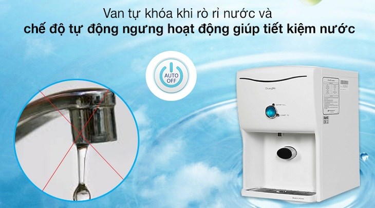 Máy lọc nước Chungho có van tự khóa khi rò rỉ nước và chế độ tự động ngừng hoạt động khi nước đầy bình giúp tiết kiệm nước.