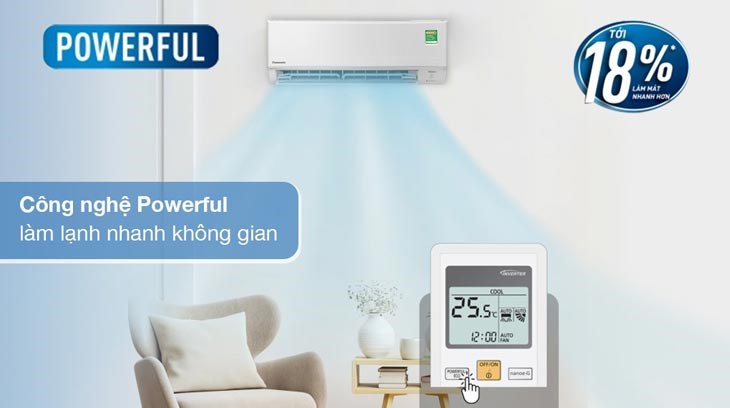 Máy lạnh Panasonic Inverter 1 HP CU/CS-PU9ZKH-8M làm lạnh nhanh tức thì nhờ chế độ làm lạnh Powerful