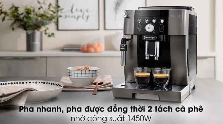 Máy pha cà phê Delonghi ECAM250.33.TB có thể pha được đồng thời 2 tách cà phê nhanh chóng nhờ công suất 1450W mạnh mẽ