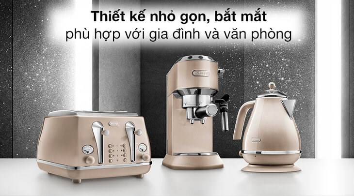 Máy pha cà phê Delonghi EC785.BG có thiết kế nhỏ gọn với màu be sang trọng, không chiếm nhiều diện tích đặt máy