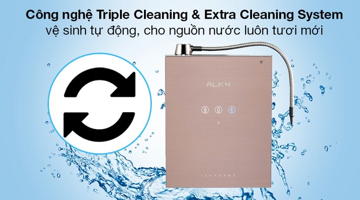 Máy lọc nước ion kiềm IonFarms Alpha-1500 2 lõi 5 tấm điện cực được hỗ trợ công nghệ vệ sinh tự động 4 bước Triple Cleaning & Extra Cleaning System, giúp cho nguồn nước luôn sạch sẽ