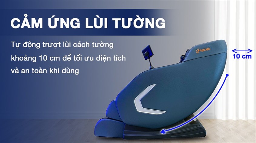 Công nghệ cảm ứng lùi tường trên ghế massage Fuji Care FC 999 giúp người dùng không cần căn chỉnh vị trí ghế và tối ưu không gian sống 