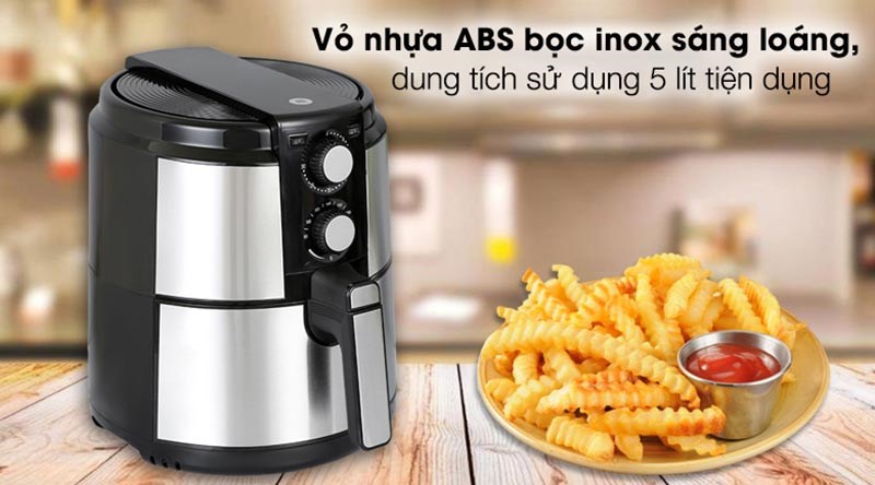 Nồi chiên không dầu Mishio MK-220 5 lít có thiết kế nổi bật, thanh lịch nhờ vỏ bằng nhựa ABS bọc inox sáng loáng