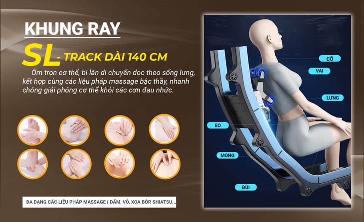 Ghế massage cao cấp sở hữu khung SL giúp con lăn 5D trượt từ vai gáy xuống hông