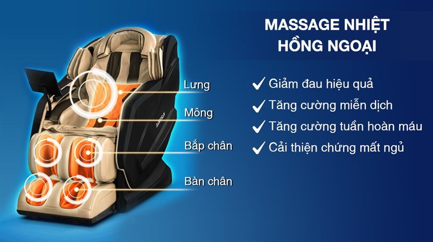 Ghế massage Daikiosan DKGM-30004 được tích hợp con lăn massage 5D và tính năng massage nhiệt hồng ngoại giúp giảm cơn đau nhức hiệu quả và nhanh chóng