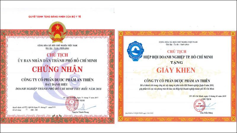 Danh hiệu v&agrave; giải thưởng đạt được trong qu&aacute; tr&igrave;nh hoạt động của thương hiệu An Thi&ecirc;n