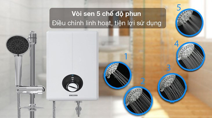 Máy nước nóng trực tiếp Stiebel Eltron 4500W XGP 45 EC trang bị vòi sen 5 chế độ phun điều chỉnh linh hoạt, tiện lợi