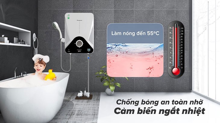 Máy nước nóng trực tiếp Kangaroo 4000W KG589GP có cảm biến ngắt nhiệt giúp an tâm sử dụng, chống bỏng an toàn