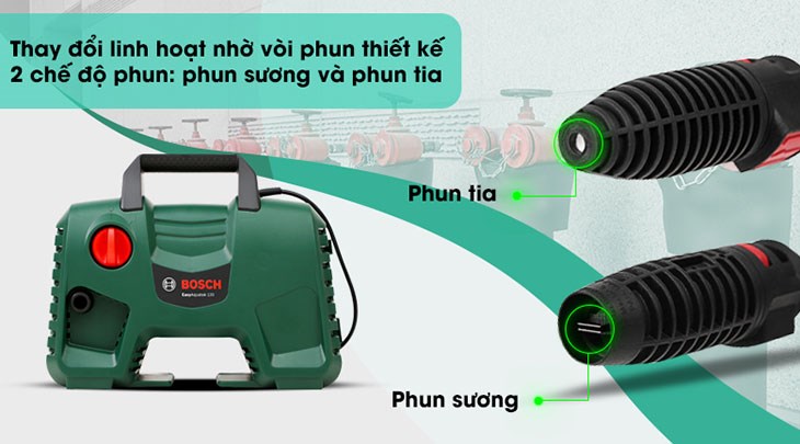 Máy phun xịt rửa áp lực cao Bosch Easy AQT 120 1500W hỗ trợ nhiều công việc với 2 chế độ phun linh hoạt