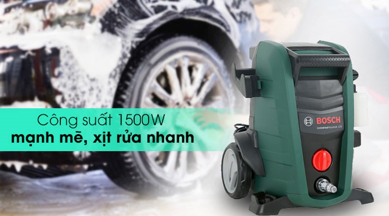 Máy phun xịt rửa áp lực cao Bosch Universal AQT 125 1500W có công suất 1500 W mạnh mẽ giúp xịt rửa nhanh chóng