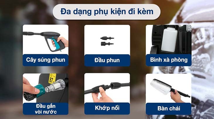 Máy phun xịt rửa áp lực cao Makita HW111 1700W có đa dạng phụ kiện đi kèm Máy phun xịt rửa áp lực cao Makita HW111 1700W có đa dạng phụ kiện đi kèm
