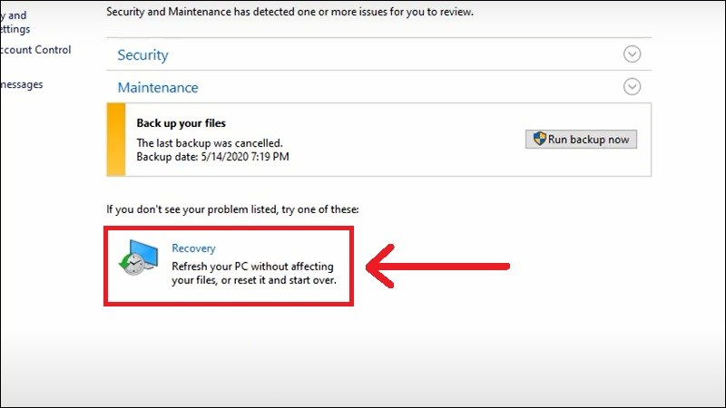 Sau đó bạn chọn vào mục Recovery. Sau đó bạn chọn vào mục Recovery.