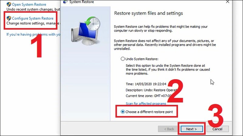 Chọn Configure System Restore sau đó bạn chọn mục Choose a different restore point. Chọn Configure System Restore sau đó bạn chọn mục Choose a different restore point.