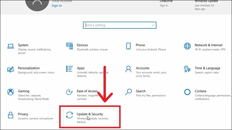 Chọn vào mục Update & Security. Chọn vào mục Update & Security.
