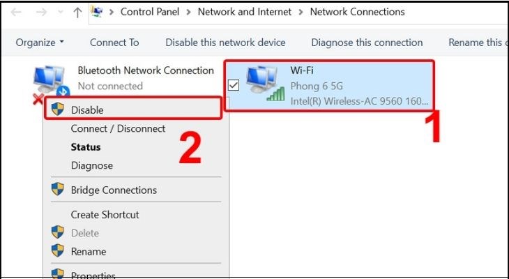 Chuột phải vào Wireless Network Connection và chọn Disable để tắt card WiFi
