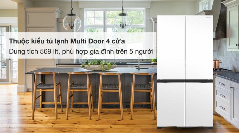 Tủ lạnh Hitachi Inverter 569 lít R-WB640VGV0X thuộc kiểu tủ lạnh Multi Door 4 cửa với chất liệu cửa tủ làm bằng kính cường lực bóng bẩy