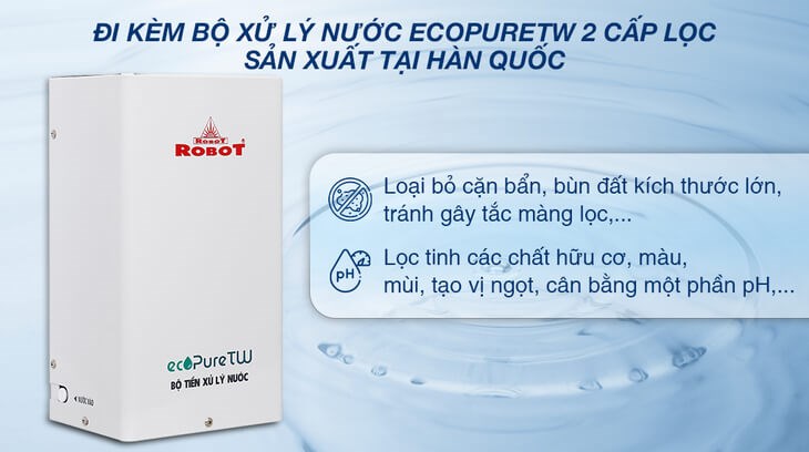 Máy lọc nước điện giải Ion kiềm nóng nguội lạnh Robot IonQueen 1113X 4 lõi 11 tấm điện cực đi kèm bộ xử lý nước EcoPureTW 2 cấp lọc, cho khả năng lọc sạch mọi bụi bẩn kích thước lớn