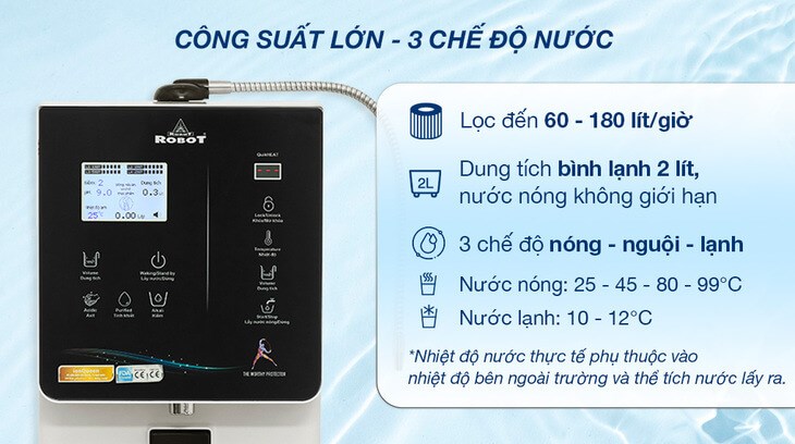 Máy lọc nước điện giải ion kiềm nóng nguội lạnh Robot IonQueen 711X 4 lõi 7 tấm điện cực có công suất lọc 60 - 180 lít/giờ, đáp ứng nhu cầu nước dùng hằng ngày của gia đình