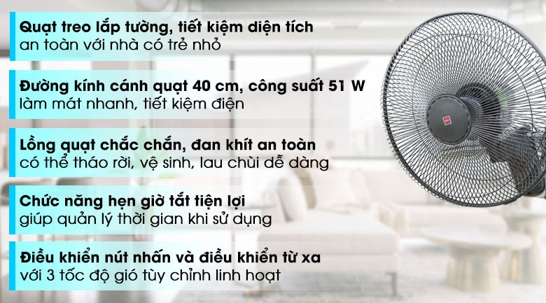 Quạt treo KDK M40M có thiết kế treo tường tiện dụng