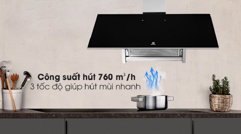 Máy hút mùi áp tường Electrolux KFVB19K giúp hút mùi nhanh với công suất hút lớn tới 760 m3/h