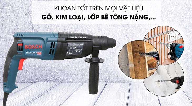 Máy khoan búa điện Bosch GBH 2-26 DRE 800W khoan được trên bê tông và nhiều vật liệu khác