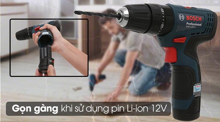Máy khoan động lực pin Bosch GSB 120-LI 12V gọn gàng, không vướng víu dây điện khi sử dụng pin Li-ion 12V