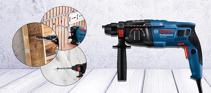 Máy khoan búa điện Bosch GBH 220 720W  vạch đường rạch và thổi bay lớp bụi nhanh chóng nhờ công nghệ Air Blower 