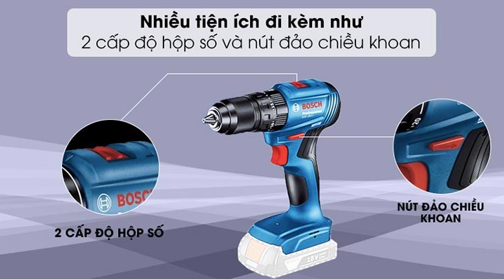 Máy khoan vặn vít pin Bosch GSR 185-LI 18V (không kèm pin và sạc) có nút đảo chiều khoan linh hoạt tháo mũi khoan ra khỏi lỗ và mở vít khi cần thiết