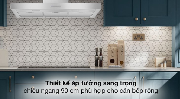 Máy hút mùi áp tường Smeg KBT900XE (536.84.493) có thiết kế áp tường gọn gàng, phù hợp lắp đặt cho gian bếp căn hộ lớn, biệt thự,...