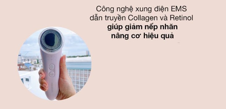 Công nghệ điện châm EMS trên máy massage mặt Lanaform tạo ra các xung điện, giảm thiểu hình thành nếp nhăn trên da