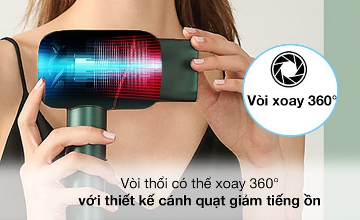 Máy sấy tóc 1500W K.SKIN KD318 có vòi thổi có thể xoay 360° với thiết kế cánh quạt phía sau giúp máy vận hành êm ái, giảm tiếng ồn