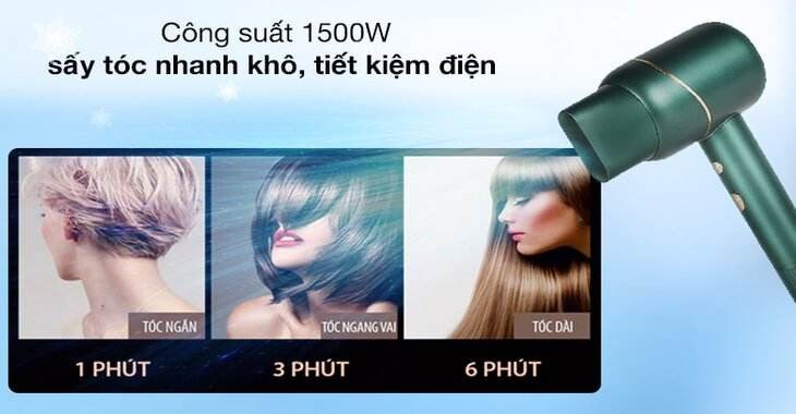 Máy sấy tóc 1500W K.SKIN KD318 sở hữu công suất lớn đến 1500W, giúp hong khô tóc nhanh chóng và tiết kiệm thời gian