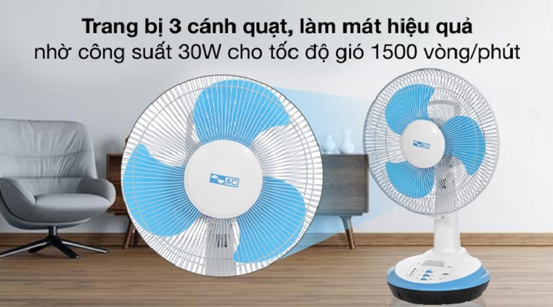 Quạt sạc điện AC ARF03D123 30W có thiết kế 3 cánh quạt với tốc độ gió là 1500 vòng/phút
