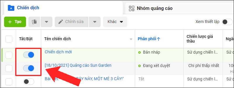 Nhấn vào thanh trượt để bật hoặc tắt chiến dịch