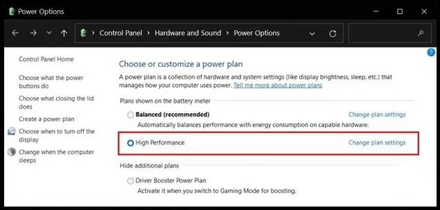 Khi cửa sổ mở ra, bạn tích chọn mục High Performance và chọn Driver Booster Power Plan