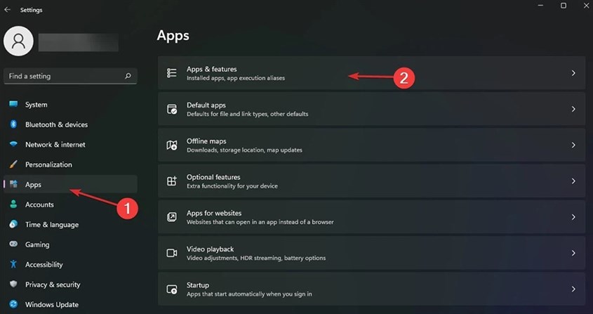  Bạn chọn Apps, sau đó chọn Apps & features nhé!