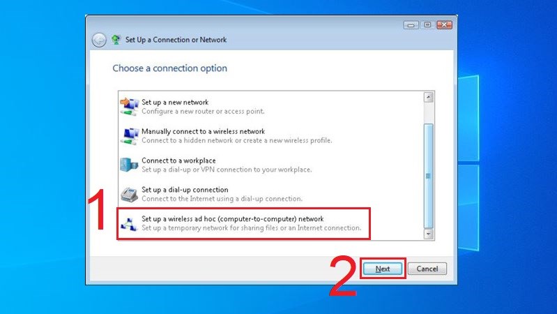 Chọn mục Set up wireless ad hoc (computer-to-computer) network trong cửa sổ Set up