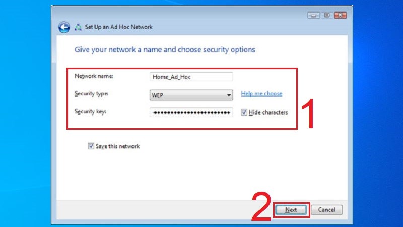 Thêm tên mạng và mật khẩu ở phần Network name và Security key