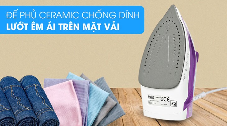 Mặt đế bàn ủi hơi nước Beko SIM3617 1750W được phủ Ceramic chống dính, lướt êm ái trên mọi bề mặt vải Mặt đế bàn ủi hơi nước Beko SIM3617 1750W được phủ Ceramic chống dính, lướt êm ái trên mọi bề mặt vải